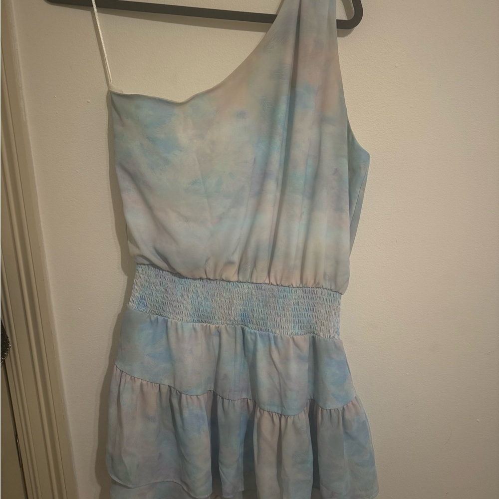 Skylar + Madison One-Shoulder Blue Tie-Dye Mini Dress